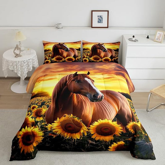 3D Horse Comforter Set for Kids Boys Wild Animal Down Comforter Girls Teen Adult Women Sunflower Quilted Duvet Brown Horse Bedding Comforters Cowboys Farmhouse Comforter with 2 Pillowcases, Full Size