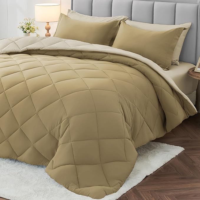 MUXHOMO 7 Pieces Queen Comforter Set, Reversible Bed in a Bag Queen Size, All Season Bedding Set with Comforter, Flat Sheet, Fitted Sheet, Pillowcases & Shams, Khaki & Linen