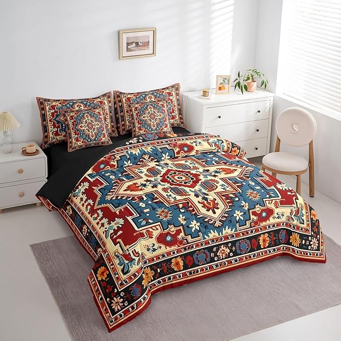 Erosebridal Oriental Bedding Set Vintage King Size Comforter Set, Art Deco Floral Bedding Comforter Sets Boho Tribal Bed in a Bag 7pcs Traditional Aesthetic Bed Set, Hippie Paisley Mandala Decor Red