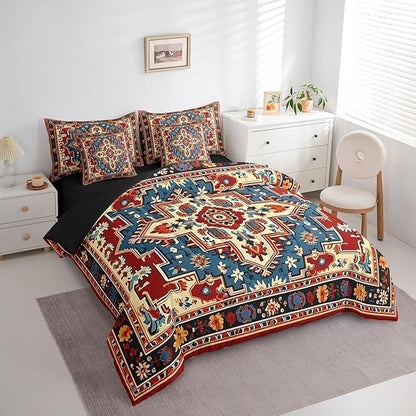 Erosebridal Oriental Queen Bedding Sets Vintage Comforter Set, Art Deco Floral Bedding Comforter Sets 7pcs Boho Tribal Bed in a Bag Traditional Aesthetic Bedding Sets, Hippie Paisley Mandala Decor Red