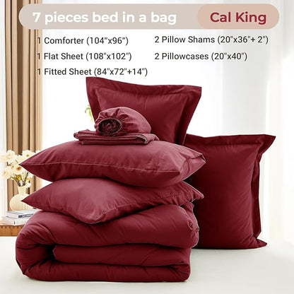 MUXHOMO 7 Pieces California King Comforter Set, Soft Bed in a Bag Cal King Size, All Season Bedding Set with Comforter, Flat Sheet, Fitted Sheet, Pillowcases & Shams, Burgundy Red