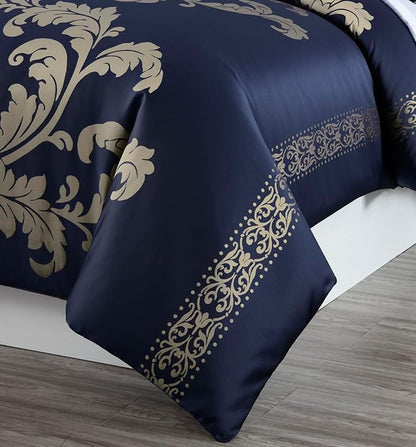 Chezmoi Collection Valor 7-Piece King Bed in a Bag, Navy/Gold Luxury Jacquard Floral Comforter with Sheets Set for All Season