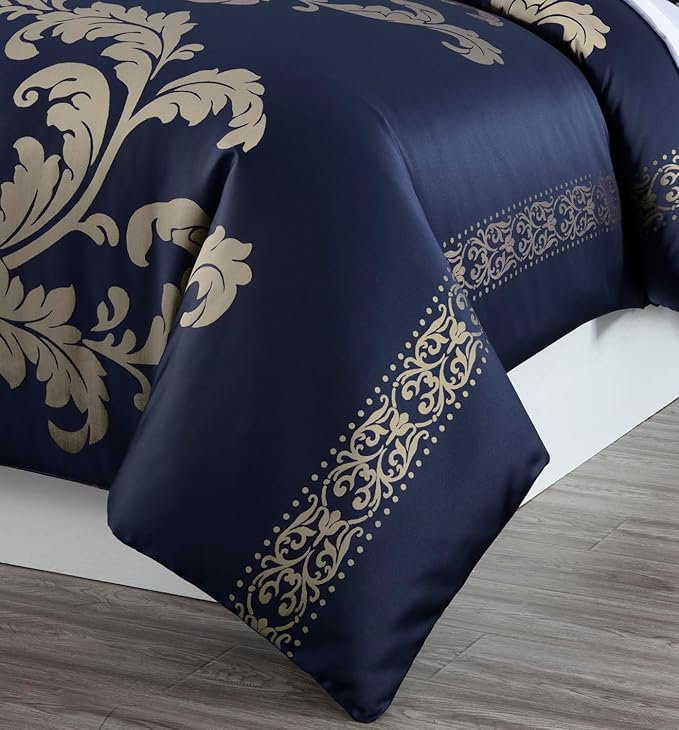 Chezmoi Collection Valor 7-Piece California King Bed in a Bag, Navy/Gold Luxury Jacquard Floral Comforter with Sheets Set for All Season