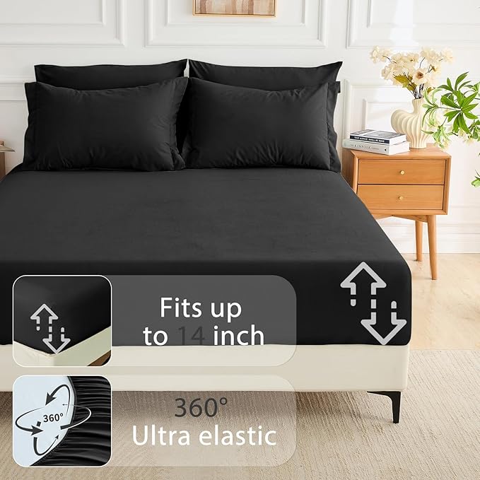 MUXHOMO 7 Pieces King Comforter Set, Soft Bed in a Bag King Size, All Season Bedding Set with Comforter, Flat Sheet, Fitted Sheet, Pillowcases & Shams, Black