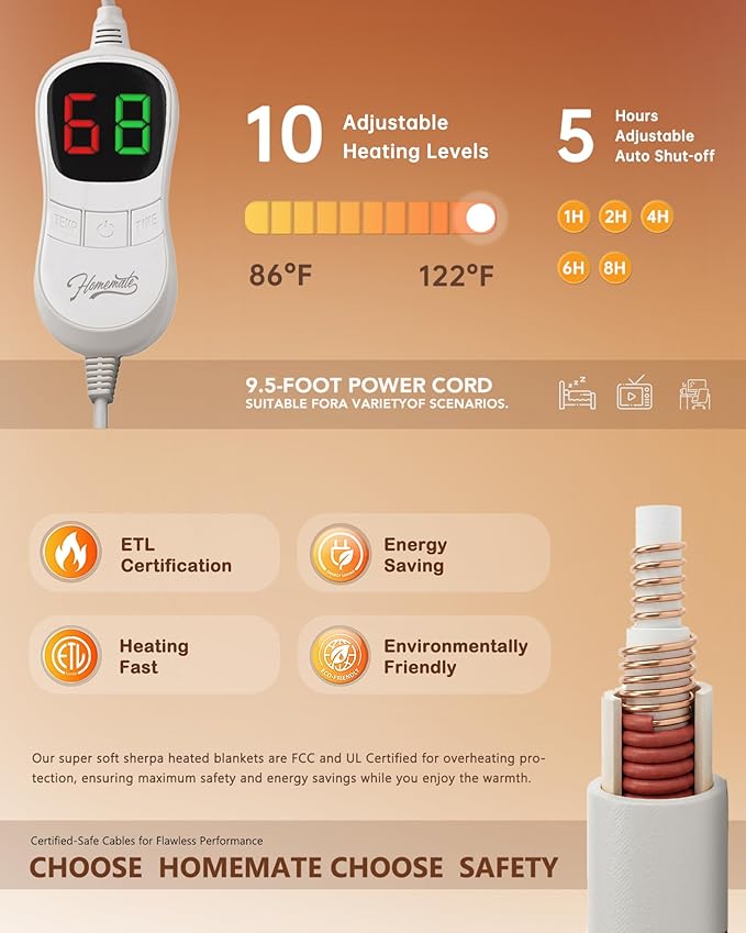 Homemate Electric Heated Blanket Full Size - 72"x84" Heating Blanket Full Size 1/2/4/6/8 Hours Auto-Off 10 Heat Level Over-Heat Protection Flannel Sherpa ETL Certification