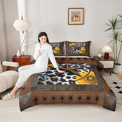 Erosebridal Western Texas Star Bedding Set Queen, Rustic Cowhide Comforter Set for Kids Teens Adult Room Decor, Cow Print Farm Animal Duvet Insert Cowboy Vintage Sunflower Quilt, 2 Pillow Cases