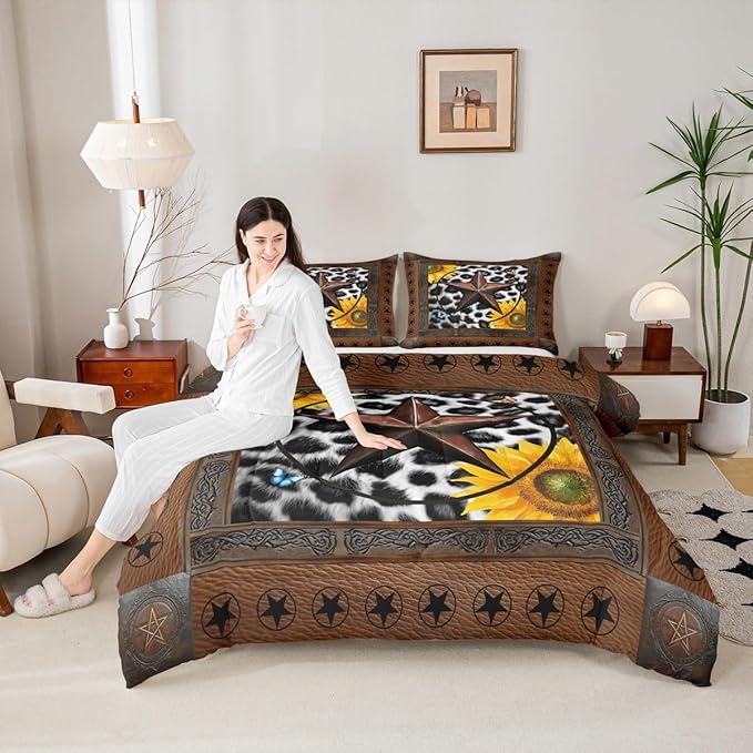 Erosebridal Western Texas Star Bedding Set Twin, Rustic Cowhide Comforter Set for Kids Teens Adult Room Decor, Cow Print Farm Animal Duvet Insert Cowboy Vintage Sunflower Quilt, 1 Pillow Case