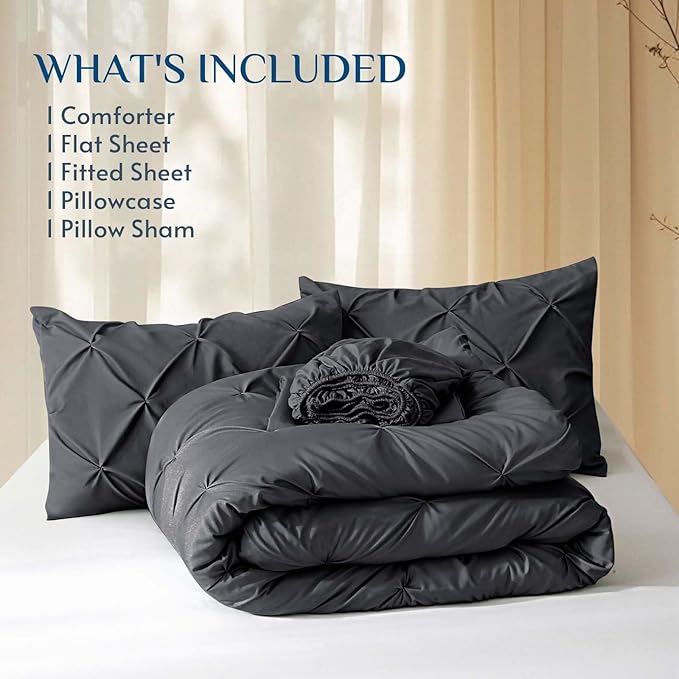 JOLLYVOGUE Twin Comforter Set 5 Pieces - Bed in a Bag Twin for All Season, Pintuck Bedding Comforter Sets with Comforter, Flat Sheet, Fitted Sheet and Pillowcases & Shams, Dark Grey