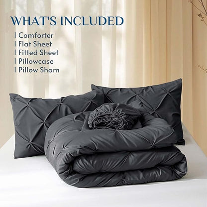 JOLLYVOGUE Twin Comforter Set 5 Pieces - Bed in a Bag Twin for All Season, Pintuck Bedding Comforter Sets with Comforter, Flat Sheet, Fitted Sheet and Pillowcases & Shams, Dark Grey