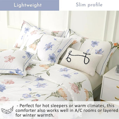 Natural Cotton 3pcs Floral Comforter Sets King Size - White Comfoter with Blush,Blue & Beige Floral Prints, Neutural Refresh Lightweight Bedding Sets(King 104"×90")