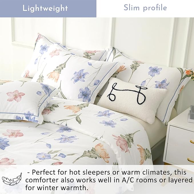 Natural Cotton 3pcs Floral Comforter Sets Queen Size - White Comfoter with Blush,Blue & Beige Floral Prints, Neutural Refresh Lightweight Bedding Sets(Queen 90"×90")
