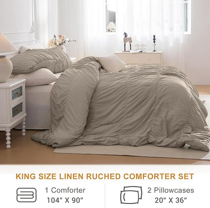 Lady Ann King Bed Comforter Set 104"*90 - Linen Feel Ruched Boho Bedding Comforter Set for Bedroom, 3 Piece Fluffy Bedroom Set with Pillow Shams Ultra Soft All Season Bed Sets for Women Men