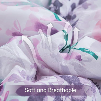 Luxudecor Floral Comforter Set Queen Size 7 Pieces Bed in a Bag, Purple Flower Watercolor Bed Set, Soft Comforter with Sheet Set 90"x90"