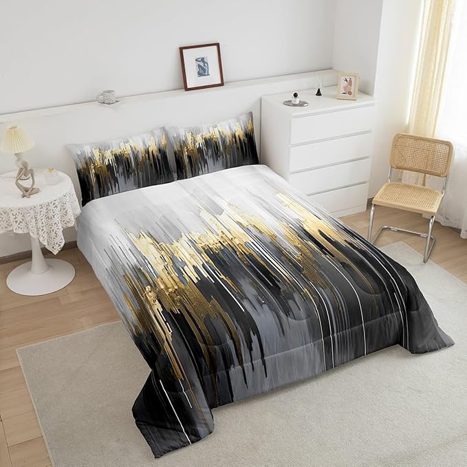 Erosebridal Black Grey Comforter King Greyish White Painting Bedding Set, Gradient Abstract Chic Vintage Down Comforter Ombre Graffiti Bed Set, Contemporary Modern Quilted Duvet