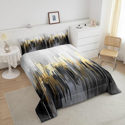 Erosebridal Black Grey Comforter King Greyish White Painting Bedding Set, Gradient Abstract Chic Vintage Down Comforter Ombre Graffiti Bed Set, Contemporary Modern Quilted Duvet