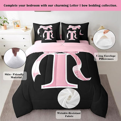 jejeloiu Kids Girls Black Pink Bow Comforter Set with Sheets Full Size Monogrammed 7 Piece Bedding Set Personalized Initial I Bed in a Bag with Comforter,Sheets,Pillowcases Modern Fashion Bed Set