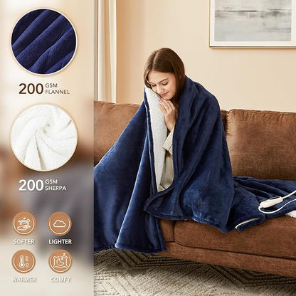 Homemate Electric Heated Blanket Twin Size - 62"x84" Heating Blanket Twin Size 1/2/4/6/8 Hours Auto-Off 10 Heat Level Over-Heat Protection Flannel Sherpa ETL Certification