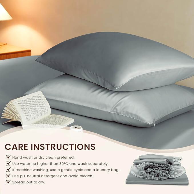 THXSILK Luxury Mulberry Silk Fitted Sheet Set 3 Pcs, Full Silk Bed Sheet Set with 16" Deep Pockets, Soft & Cooling Sheets, 1 Fitted Sheet, 2 Pillowcases with Zipper Closure - Stone Blue