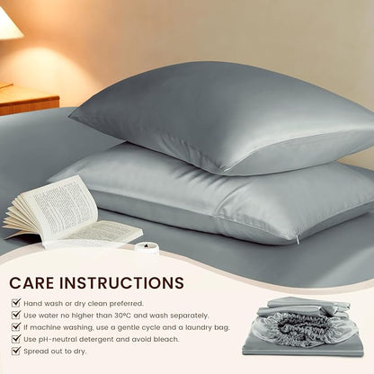 THXSILK Luxury Mulberry Silk Fitted Sheet Set 3 Pcs, Full Silk Bed Sheet Set with 16" Deep Pockets, Soft & Cooling Sheets, 1 Fitted Sheet, 2 Pillowcases with Zipper Closure - Stone Blue