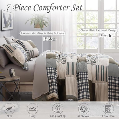 Comforter Set King Size Plaid Patchwork Comforter Bedding-7 Piece Bed in a Bag,Soft Fluffy Reversible Microfiber Bedding Set(1 Comforter,1 Flat Sheet,1 Fitted Sheet,2 Pillowcases,2 Pillow Shams)
