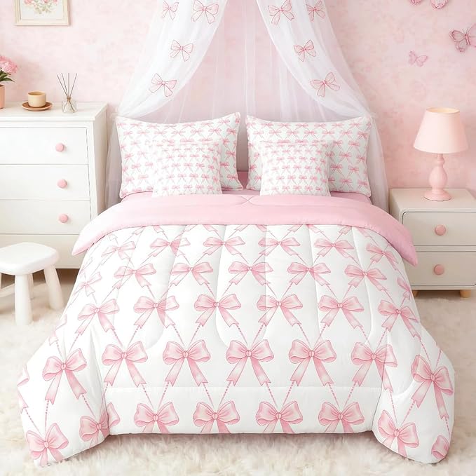 Feelyou Cute Pink Bow Comforter Set Full Size, Pink Girls Bow 7 Pcs Bedding Set for Kids, Dreamy Bowknot Princess Bed in a Bag, Bed Sheet Sets with Fitted Sheet Pillowcases for Bedroom Bed Decor