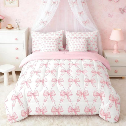 Feelyou Cute Pink Bow Comforter Set Queen Size, Pink Girls Bow 7 Pcs Bedding Set for Kids, Dreamy Bowknot Princess Bed in a Bag, Bed Sheet Sets with Fitted Sheet Pillowcases for Bedroom Bed Decor