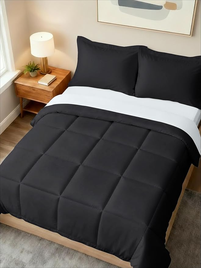 Full Comforter Set - 3 Piece Bed Set for All Seasons - 1 Soft Quilted Comforter with Corner Tabs & 2 Pillow Shams - Comfy, Cozy & Breathable - Premium Down Duvet Insert - Oeko-TEX - Full Size, Black