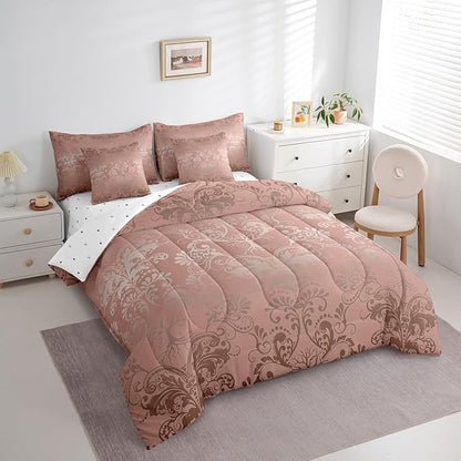 Erosebridal Gothic Damask Bed in a Bag King Size Comforter Set 7 Pieces,Sun Moon Tree of Life Bedding Sets Light Pink Victorian Floral Goth Sheet Set with Comforter