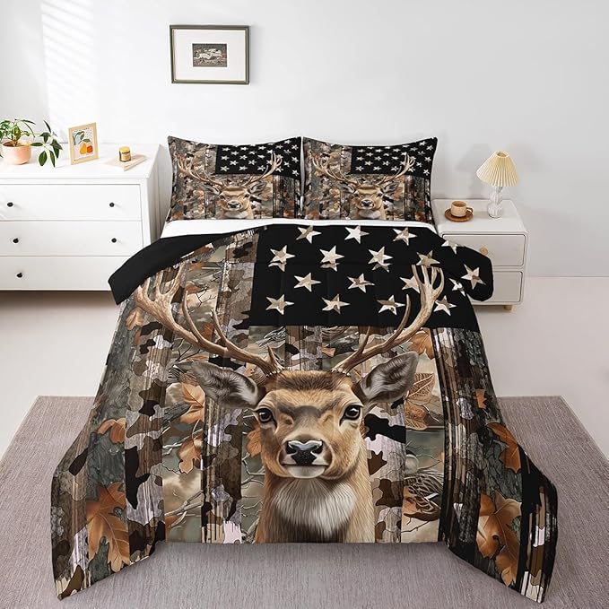 Feelyou Deer Hunting Comforter,Hunter Bedding Set Camo American Flag Comforter Toddler Size for Bedroom Decor,Deer Comforter Set for Boys Teens Girls,Toddler Comforter Set with 1 Pillowcase