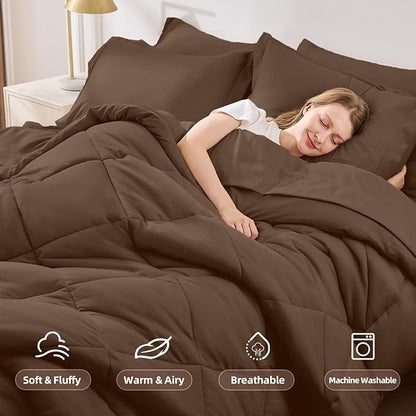 FUANNA 7 Pieces Queen Comforter Set, All Season Bed in a Bag Queen Size, Luxury Soft Bedding Sets with Comforter, Flat Sheet, Fitted Sheet, Pillowcases & Pillow Shams, Dark Brown