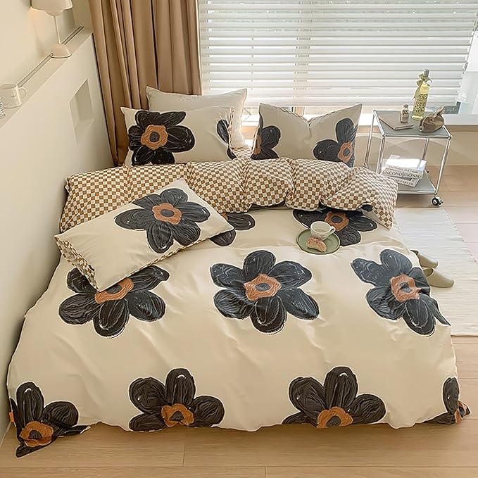 Luxlovery Black Floral Comforter Set Full Black White Sunflower Bedding Set Women Girls Cute Chic Boho Botanical Quilts 3 Piece Beige Bedding Set for Full Bed