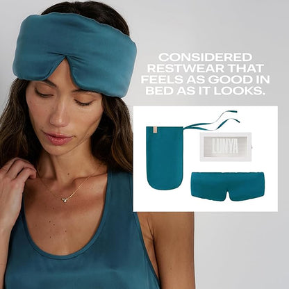 Lunya Washable Silk Sleeping Mask - Thermoregulating Mulberry Silk, Light Blocking and Comfortable Fit – Sleep Mask for Women and Men with Box - Piquant Teal - Large