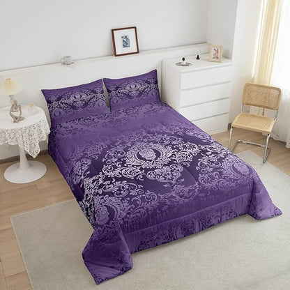 Feelyou Adults Purple Vintage Damask Floral Comforter Set Oriental Antique Comforter Twin Size Gothic Bohemia Boho Bedding Set Exotic Sugar Skull Duvet Set Quilt Set 2Pcs