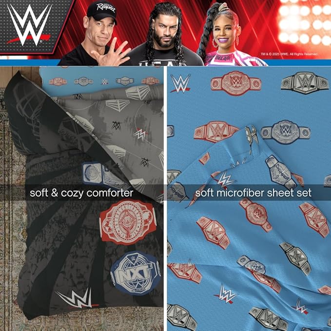 WWE Wrestling Twin Bedding Set – 4 Piece Super Soft Microfiber Reversible Comforter & Sheet Set Featuring Championship Belts (Officially Licensed Product) by Franco