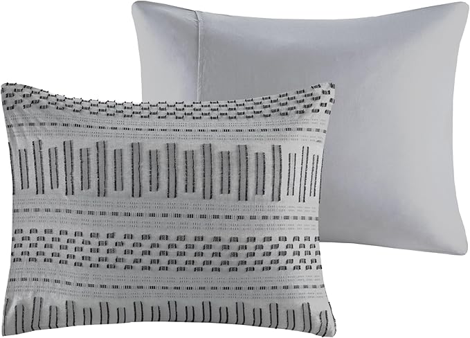 INK+IVY Luxurious Cotton-Bedding Set - Mid Century Trendy Geometric Design, All Season Cozy-Cover With Matching-Shams, Full/Queen, Rhea Jacquard Grey/Black