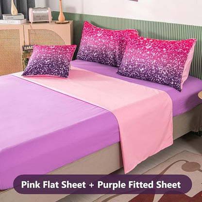 PERFEMET Pink Purple Girls Queen Comforter Set with Sheets 6 Pieces Colorful Rainbow Tie Dye Kids Bedding Set Sparkle Glitter Ombre Bed in A Bag Soft Fluffy Teen Girl Bed Set for Bedroom Decor