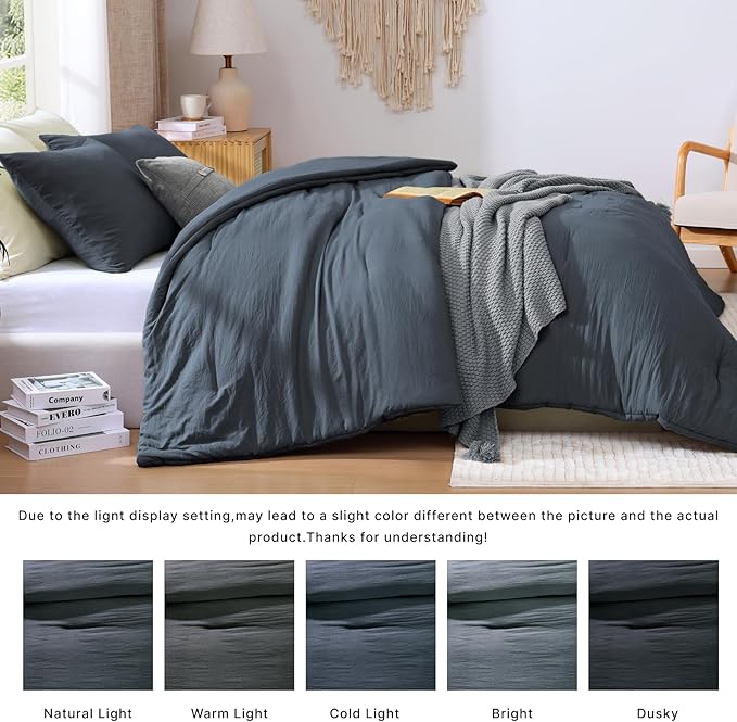 WRENSONGE Full Size Comforter Sets - 3 Pieces Blue Grey Comforter Prewashed Soft Lightweight for All Seasons, Fluffy Down Alternative Comforter Full Size with 2 Pillow Shams