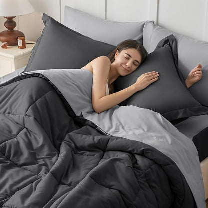 JOLLYVOGUE Queen Comforter Set, Ultra-Soft Bed in a Bag Queen Size 7 Pieces, Oeko-TEX Certified Bedding Set with Down Alternative Comforter, Sheets, Pillowcases & Shams, Dark & Light Grey