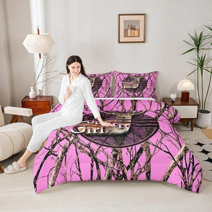 Erosebridal Camo Hunting Deer Twin Comforter Set,Pink Camouflage Hunter Bedding Sets for Girls Boys Kids,Rustic Cabin Lodge Quilt Bed Set,Tree Branch Room Decor with 1 Pillowcase,All Season