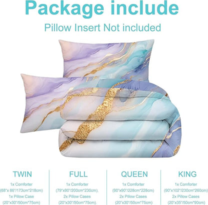 Marble Comforter Sets Full Size for Kids Women Watercolor Bedding Set Luxury Marbling Texture Bed Set for Bedroom Decor Soft Purple Green Blue Gold Quilt Set with 1 Comforter + 2 Pillowcases