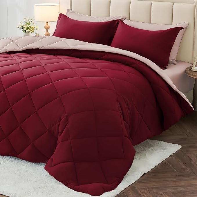MUXHOMO 5 Pieces Twin Comforter Set, Reversible Bed in a Bag Twin Size, All Season Bedding Set with Comforter, Flat Sheet, Fitted Sheet, Pillowcases & Shams, Burgundy & Rose Gold