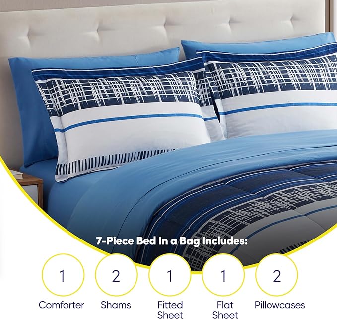 Sweet Home Collection 7 Piece Comforter Set Bag Solid Color All Season Soft Down Alternative Blanket & Luxurious Microfiber Bed Sheets, Mediterranean, King