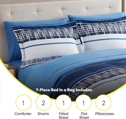 Sweet Home Collection 7 Piece Comforter Set Bag Solid Color All Season Soft Down Alternative Blanket & Luxurious Microfiber Bed Sheets, Mediterranean, King