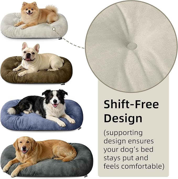Dog Bed for Small Dogs & Cats 23”x17”, Non-Slip Washable Faux Silver Fox Fur Crate Pad, Durable Oval Pet Mat, Beige