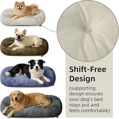 Dog Bed for Small Dogs & Cats 23”x17”, Non-Slip Washable Faux Silver Fox Fur Crate Pad, Durable Oval Pet Mat, Beige