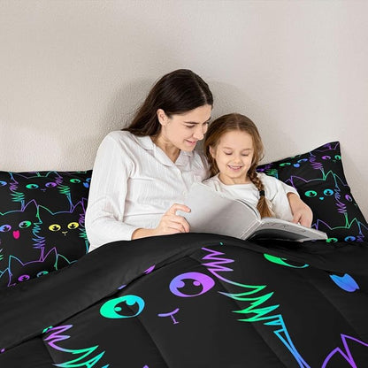 Erosebridal Kids Bedding Cartoon Cat Comforter Set Twin Size,Gradient Line Cute Cat Bedding Set for Teens Boys Girls Adults Room Decor,Lovely Animal Kitten Print Comforter All Season,Rainbow Black