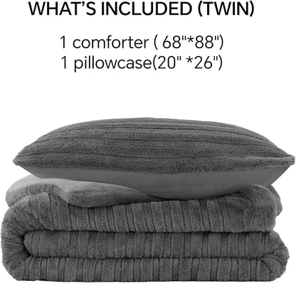 BEDELITE Fleece Twin Comforter Set -Super Soft & Warm Fluffy Grey Faux Fur Bedding, Luxury Fuzzy Heavy Bed Set for Winter with 1 Pillow case