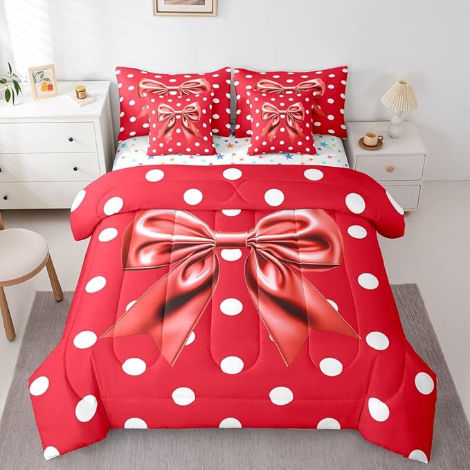 Feelyou Red Bowknot 7 Piece Bedding Set Polka Point Comforter Set with Sheets for Kids Boys Girls Cute Bow Bed in a Bag Princess Theme Bed Set Soft Lightweight