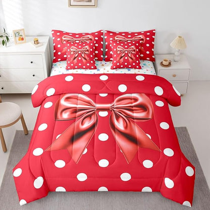 Feelyou Red Bowknot 7 Piece Bedding Set Polka Point Comforter Set with Sheets for Kids Boys Girls Cute Bow Bed in a Bag Princess Theme Bed Set Soft Lightweight