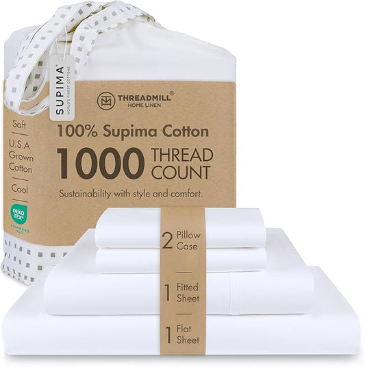 Threadmill Certified 100% American Supima Luxury Cotton Sheets California-King Sheets,1000 Thread Count Sateen Weave, 4 Pc Luxury Bed Sheets Set, Hotel White Sheet with Elasticized Deep Pocket